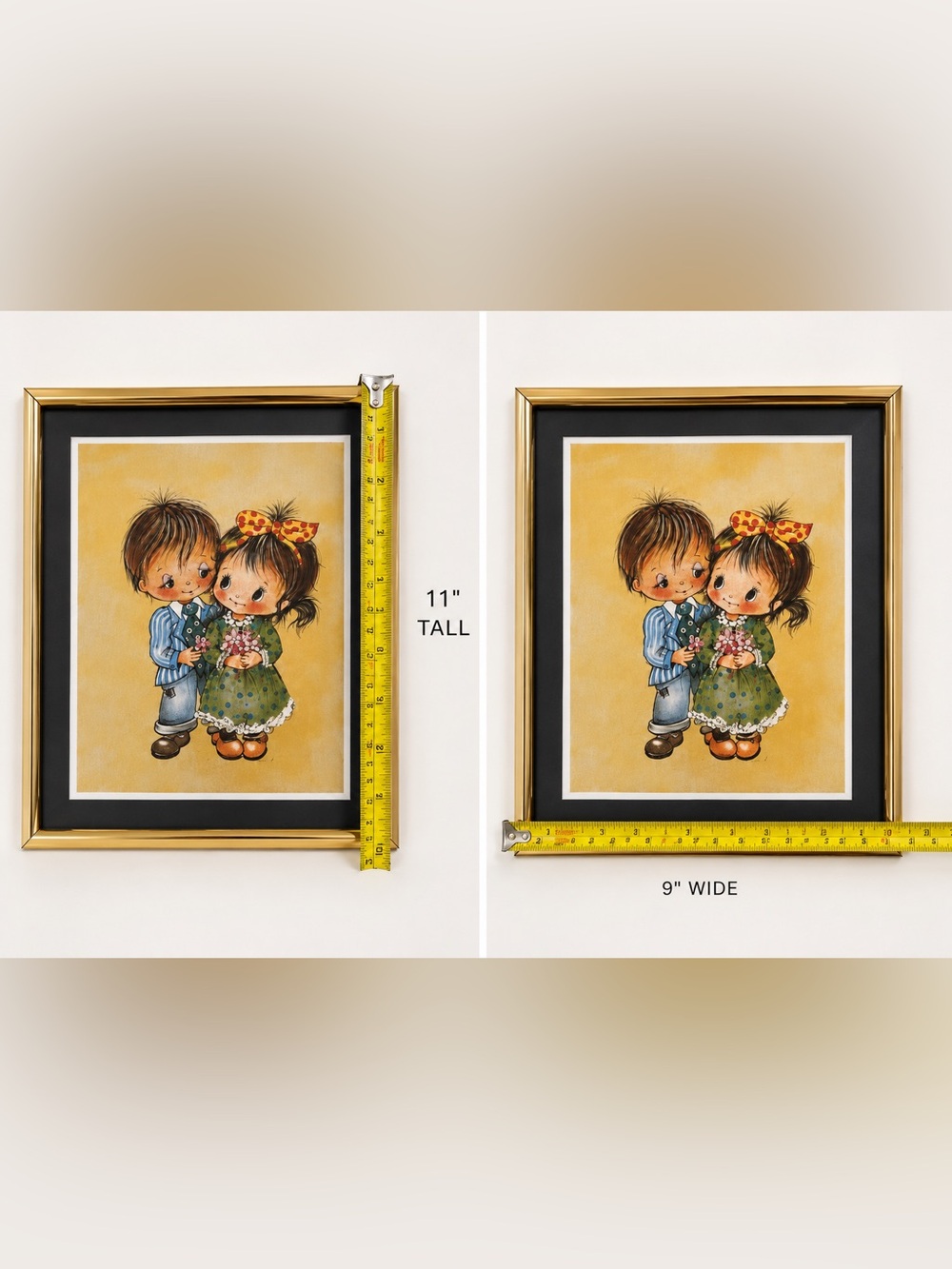 Vintage 1970s Big Eye Kids Framed Wall Art Gold Frame Retro Nursery Decor - Picture 3 of 3